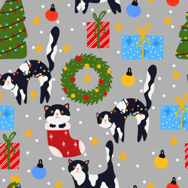 Komik Noel kedisi. Güzel kedilerin kusursuz desenli çelenkleri, Noel ağacı, hediye kutusu. Pankart, davet, kart, selamlama, pankart, kapak için uygun tasarım