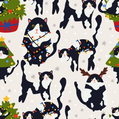 Komik Noel kedisi. Güzel kedilerin kusursuz desenli çelenkleri, Noel ağacı, hediye kutusu. Pankart, davet, kart, selamlama, pankart, kapak için uygun tasarım