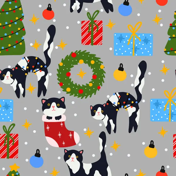 Komik Noel kedisi. Güzel kedilerin kusursuz desenli çelenkleri, Noel ağacı, hediye kutusu. Pankart, davet, kart, selamlama, pankart, kapak için uygun tasarım