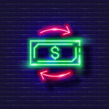 Döviz bozdurma işareti neon ikonlu banknot. Finans, para ve online bankacılık tabelası.