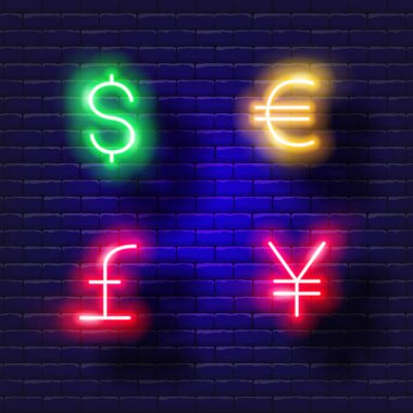 Dolar, avro, yen, pound işareti vektör neon ikonu. Finans, para ve online bankacılık tabelası