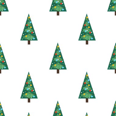 Düz şekilli Noel ağacı. Ambalaj kağıdı, kapak, kumaş ve tekstil tasarımları için vektör arkaplan. Tebrik kartları. Noel ve Yeni Yıl kavramı.