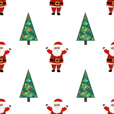 Noel Baba 'nın Noel ağacı pürüzsüz bir şekli var. Ambalaj kağıdı, kapak, kumaş, tekstil ve tebrik kartı tasarımları için vektör çizimi. Noel ve Yeni Yıl kavramı