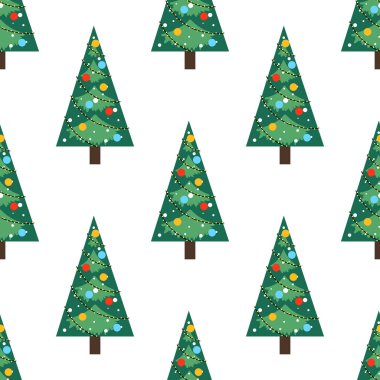 Düz şekilli Noel ağacı. Ambalaj kağıdı, kapak, kumaş ve tekstil tasarımları için vektör arkaplan. Tebrik kartları. Noel ve Yeni Yıl kavramı.