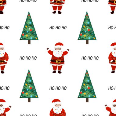 Noel Baba Ho Ho Ho 'nun düz bir tarzı var. Kutlama kağıdı, kapak, kumaş ve tekstil tasarımları için vektör arkaplanı. Tebrik kartları. Noel ve Yeni Yıl kavramı.