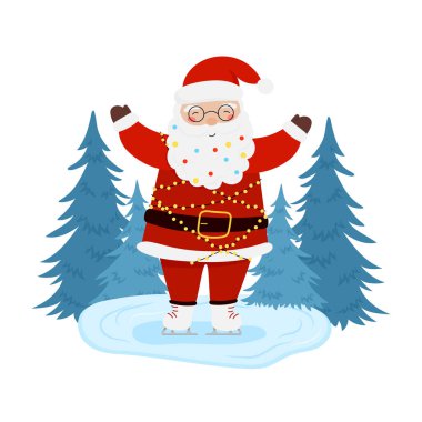 Buz pateni ve Noel ağacıyla süslenmiş Noel Baba. Bayram tasarımları, afişler, kapaklar, reklamlar, tebrik kartları için vektör illüstrasyon. Noel ve Yeni Yıl kavramı.