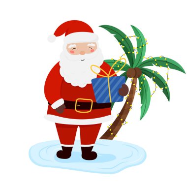 Tropik Noel, Noel Baba, avuç içi ve hediye kutuları, bayram afişleri, kapaklar, reklamlar, tebrik kartları için vektör illüstrasyonları. Noel ve Yeni Yıl kavramı.