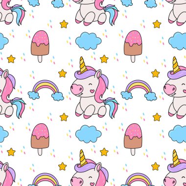 Tek boynuzlu atın kusursuz deseni. Bulutlu, yıldızlı, gökkuşaklı tek boynuzlu atlar. kumaş, tekstil, giyim, duvar kağıdı temsilciliği için doku