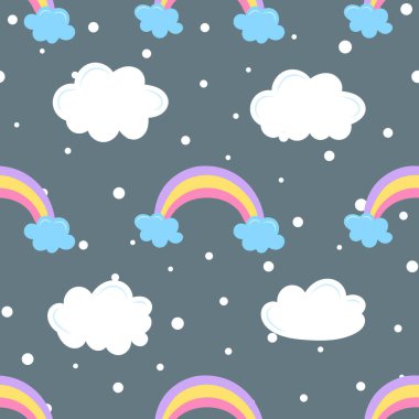 Güzel gökkuşağı, bulutlu, pürüzsüz desen. Çocuksu kumaş, tekstil, giysi, duvar kağıdı için gökkuşağı arka planı. Vektör illüstrasyonu.