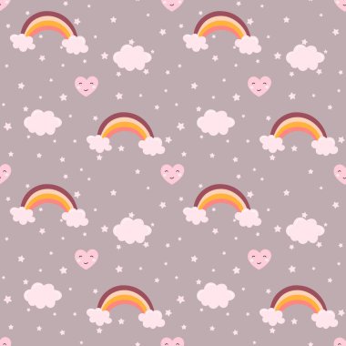 Güzel gökkuşağı, bulutlu, pürüzsüz desen. Çocuksu kumaş, tekstil, giysi, duvar kağıdı için gökkuşağı arka planı. Vektör illüstrasyonu.