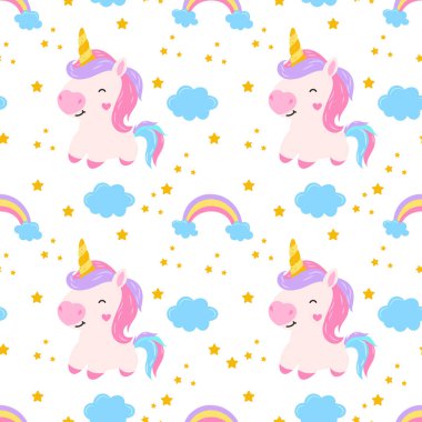 Tek boynuzlu atın kusursuz deseni. Bulutlu, yıldızlı, gökkuşaklı tek boynuzlu atlar. kumaş, tekstil, giyim, duvar kağıdı temsilciliği için doku