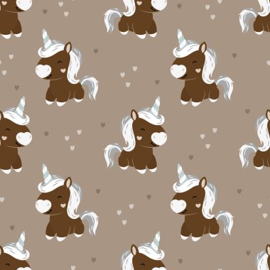 Şirin tek boynuzlu atların kusursuz desenleri. Bulutlu, yıldızlı, pastel renklerde gökkuşaklı tek boynuzlu atlar. Kumaş, tekstil, giysi, duvar kağıdı için İskandinav tarzı çocuk dokusu. Vektör illüstrasyonu