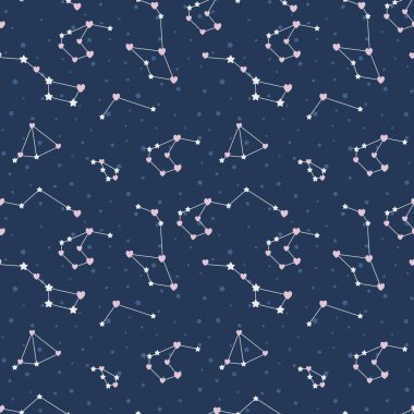 Takımyıldızı ve galaksisi olan sevimli yıldızlar. Kumaş, tekstil, giysi, duvar kağıdı için çocukça bir doku. Vektör illüstrasyonu.