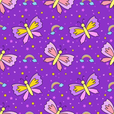 Kelebekli kusursuz desen. Yıldızlı kelebek, gökkuşağı. Kumaş, tekstil, giysi, duvar kağıdı için çocukça bir doku. Vektör illüstrasyonu.