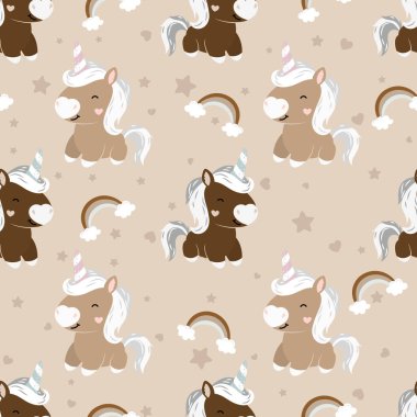Şirin tek boynuzlu atların kusursuz desenleri. Bulutlu, yıldızlı, pastel renklerde gökkuşaklı tek boynuzlu atlar. Kumaş, tekstil, giysi, duvar kağıdı için İskandinav tarzı çocuk dokusu. Vektör illüstrasyonu