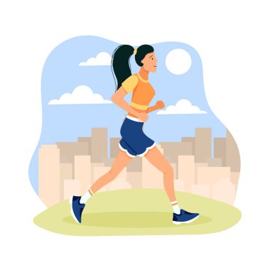 Summer City 'de koşan mutlu bir kız, düz bir şekilde vektör çizimi. Spor ve sağlıklı yaşam tarzı kavramı.