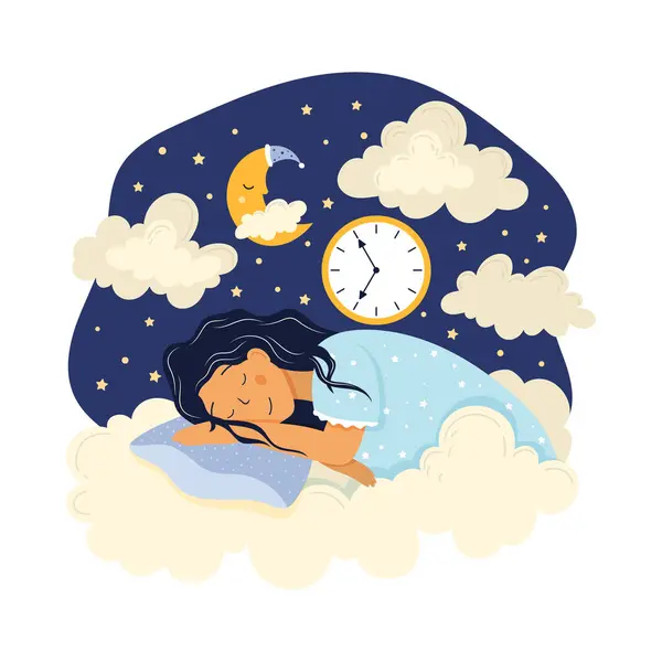 Bulutlarda yastıkta uyuyan kadın, düz stil vektör çizimi. Sağlıklı uyku konsepti