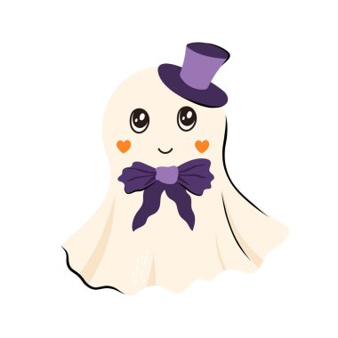 Şapkalı şirin cadılar bayramı hayalet karakteri. Ekim bayramı Cadılar Bayramı için düz ve Doodle tarzı vektör illüstrasyonu.