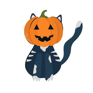 Tatlı Cadılar Bayramı balkabağı-kedi karakter tasarımı. Ekim bayramı Cadılar Bayramı için düz ve Doodle tarzı vektör illüstrasyonu.