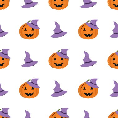 Balkabağı ve cadı şapkasıyla dikişsiz şirin bir sonbahar deseni. Tasarım tekstili veya arkaplan için vektör arkaplanı.