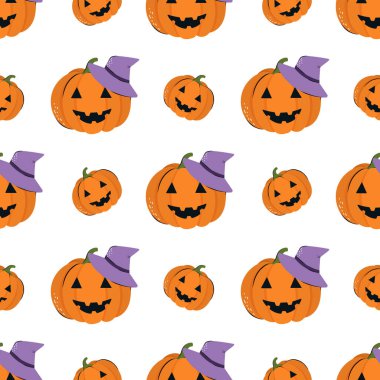 Balkabağı ve cadı şapkası takan hoş, pürüzsüz bir desen. Tekstil veya arkaplan tasarımı için vektör arkaplanı. Cadılar Bayramı konsepti.