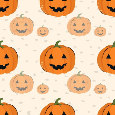 Tatlı cadılar bayramı balkabağıyla kusursuz desen. Tekstil veya arkaplan tasarımı için vektör arkaplanı. Cadılar Bayramı konsepti.