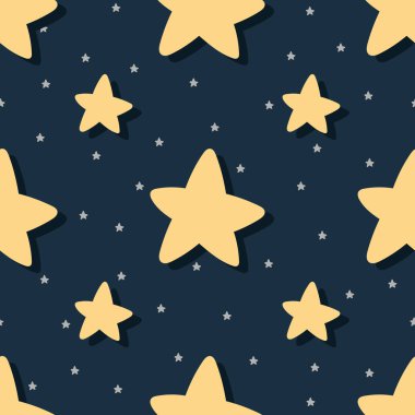 Sevimli, pürüzsüz ve sevimli yıldızları olan bir model. Tasarım tekstili veya arkaplan için İskandinav tarzı vektör arkaplanı.