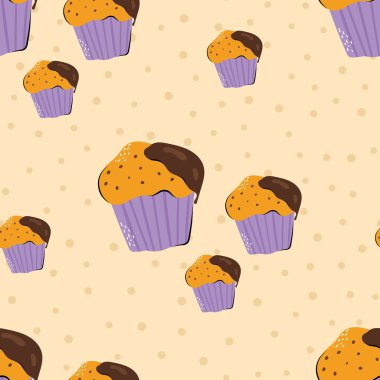 Çikolatalı tatlı, dikişsiz kek kalıbı. Tekstil veya arkaplan tasarımı için vektör arkaplanı. Yemek ve tatlı konsepti.