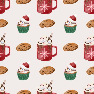 Tatlı suluboya Noel kusursuz desen. El yapımı Noel içecekleri, kakao, zencefilli kurabiye, kek..