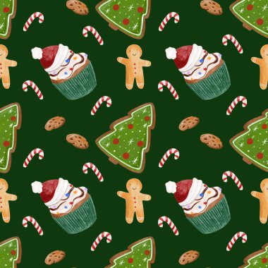 Şirin suluboya Noel Kusursuz Düzen. El yapımı Noel kurabiyeleri, zencefilli kurabiye adam, kek, lolipop, Noel ağacı.
