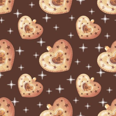 Noel ağacı oyuncağı kalp ve yıldızlar suluboya el kusursuz desen çizdi. Yeni yıl ve Noel arkaplanı.