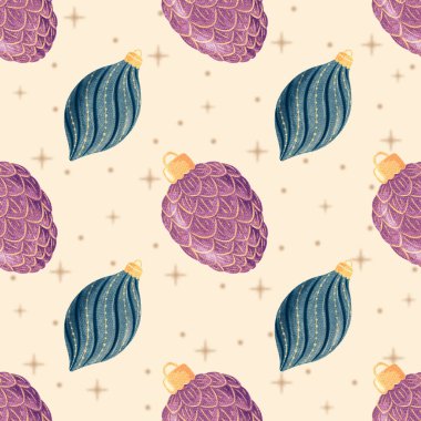 Noel ağacı oyuncakları ve yıldızlar suluboya el çizimi kusursuz desen. Yeni yıl ve Noel arkaplanı.