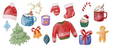 Noel elementinin suluboya seti. Yeni Yıl ve Noel El Çizimi.