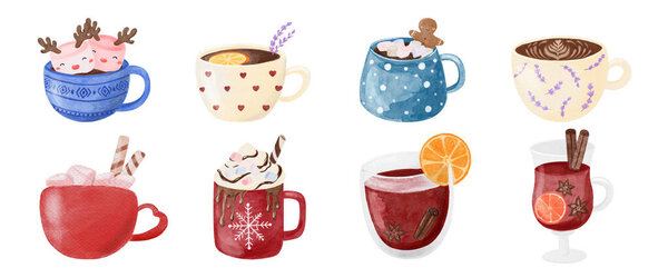 Акварель набор горячих напитков. Чашка кофе, чая, какао, глинтвейна. Коллекция Осень и зимние напитки.