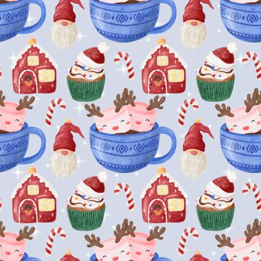 Noel ağacı oyuncakları ve yıldızlar suluboya el çizimi kusursuz desen. Yeni yıl ve Noel arkaplanı.