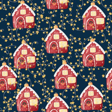 Noel ağacı oyuncak evi ve yıldızlar suluboya el çizimi kusursuz desen. Yeni yıl ve Noel arkaplanı.