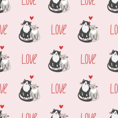 Sevimli, kusursuz bir çift kedisi ve aşkı var. Vektör pastel arka plan. Sevgililer Günü ve aşk