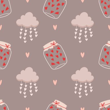 Kavanozda küçük kalpleri ve bulutları olan hoş, pürüzsüz bir desen. Vektör pastel arka plan. Sevgililer Günü ve aşk