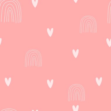 Küçük kalpleri ve gökkuşağı olan hoş, pürüzsüz bir desen. Vektör pastel arka plan. Sevgililer Günü ve aşk