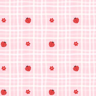 Uğur böceği ve çiçeklerle şirin, dikişsiz damalı desen. Vektör Pastel arkaplanı. Sevgililer Günü ve aşk