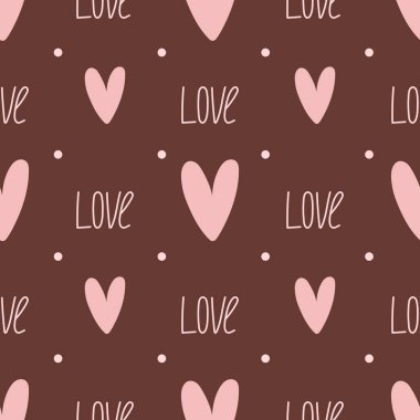 Sevgi ve kalp harfleri olan kusursuz bir şekil. Vektör Pastel arkaplanı. Sevgililer Günü ve aşk