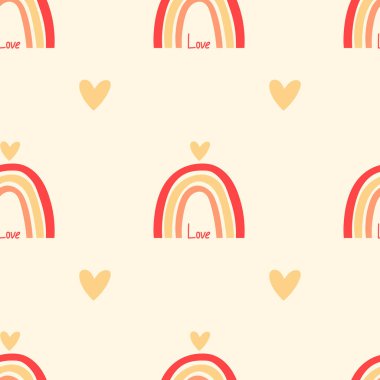 Küçük kalpleri ve gökkuşağı olan hoş, pürüzsüz bir desen. Vektör pastel arka plan. Sevgililer Günü ve aşk.