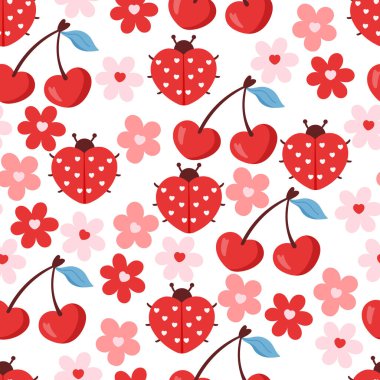 Uğurböceği, kiraz ve çiçeklerle şirin kusursuz desen. Vektör Pastel arkaplanı. Sevgililer Günü ve aşk.