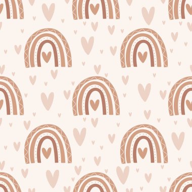 Küçük kalpleri ve gökkuşağı olan hoş, pürüzsüz bir desen. Vektör pastel arka plan. Sevgililer Günü ve aşk.