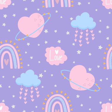 Gezegen kalp şeklinde, bulutlu, yıldızlı şirin, pürüzsüz bir desen. Vektör pastel arka plan. Sevgililer Günü ve aşk