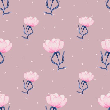 Yumuşak suluboya çiçek çizimi kusursuz bir desen. Çocuk kıyafetleri, hediye ambalajı ve zarif kumaş baskıları için uygun..