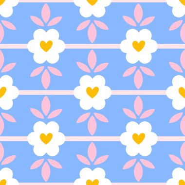 Papatya çiçekleri ve yumuşak pastel renkleri olan sevimli ve oyuncaksız vektör tasarımı, bebek bezi, çocuk kıyafeti ve ambalaj kağıdına dekoratif ve şenlikli bir dokunuş ekliyor..