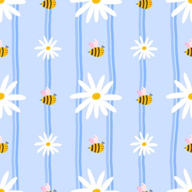 Papatya, papatya ve pastel gölgelerde arılar, kağıt, duvar kağıdı ve İskandinav havasıyla şenlikli bahar kutlamaları için idealdir..