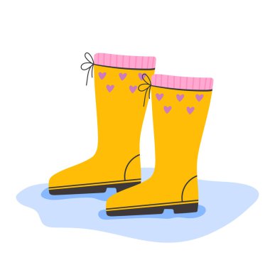 Kalpleri izole edilmiş parlak sarı lastik çizmeler. Bahar yağmurluğu düz stil..