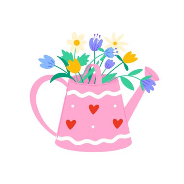 Bir buket bahar çiçeğiyle şirin sulama kutusu, düz bir şekilde vektör çizimi. Doğa konsepti.